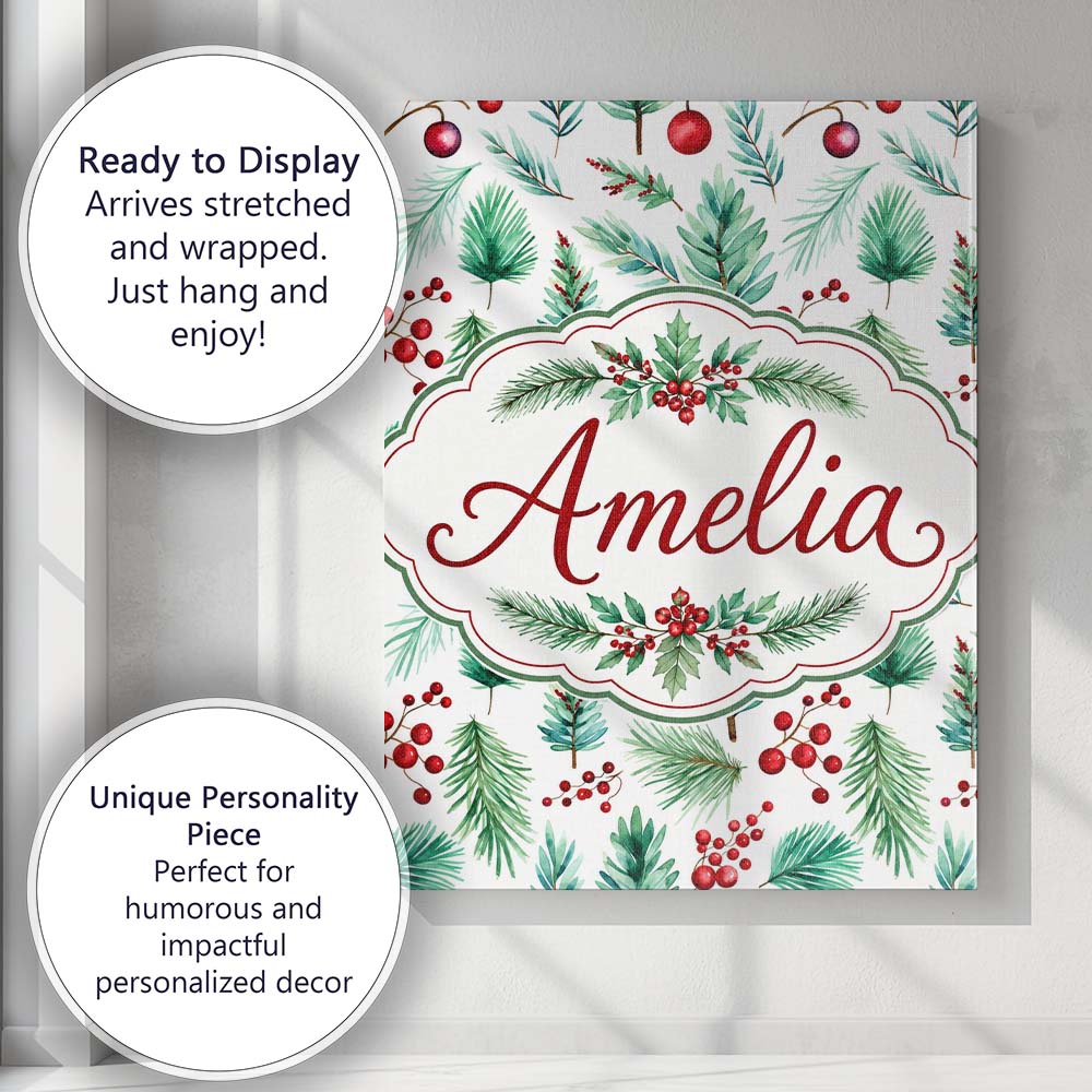 Personalised Name Watercolor Pine Branches Custom Unique Gift Idea Elegant Feature Canvas Wall Art Print Decor Picture Ready to Hang