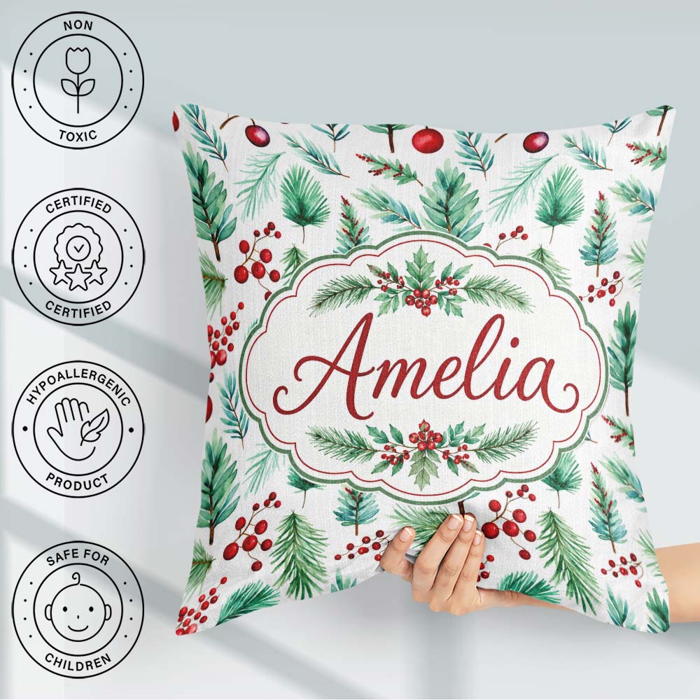 Custom Name Pine Branches Red Berries Christmas Foliage Seamless Square Filled Cushion Throw Pillow Sofa Bed Home Decor Zip Washable UK Made