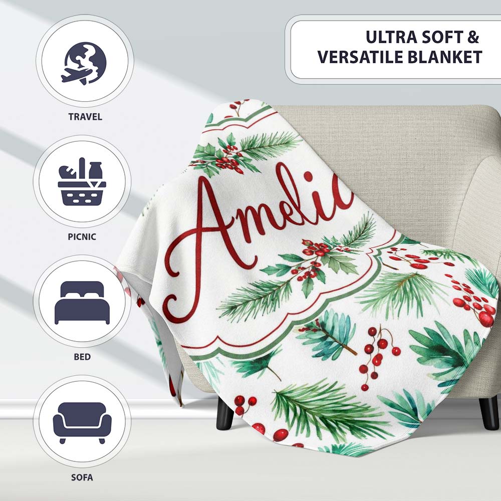 Watercolor Pine Branches Red Berries Christmas Foliage Seamless Personalised Custom Name Super Soft Fleece Blanket Bed Sofa Throw