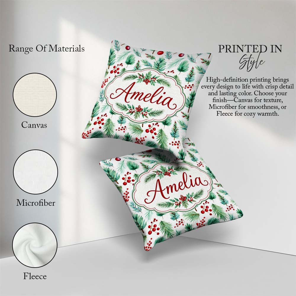 Custom Name Pine Branches Red Berries Christmas Foliage Seamless Square Filled Cushion Throw Pillow Sofa Bed Home Decor Zip Washable UK Made