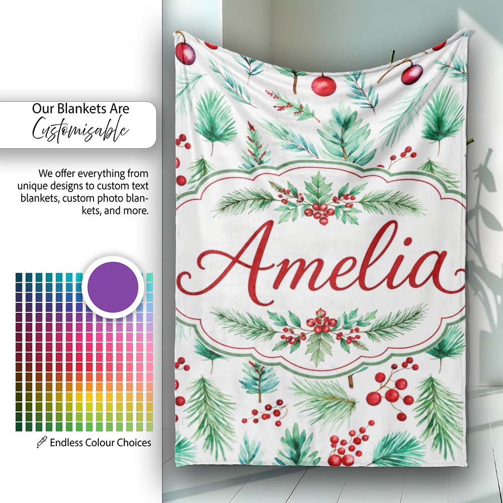 Watercolor Pine Branches Red Berries Christmas Foliage Seamless Personalised Custom Name Super Soft Fleece Blanket Bed Sofa Throw