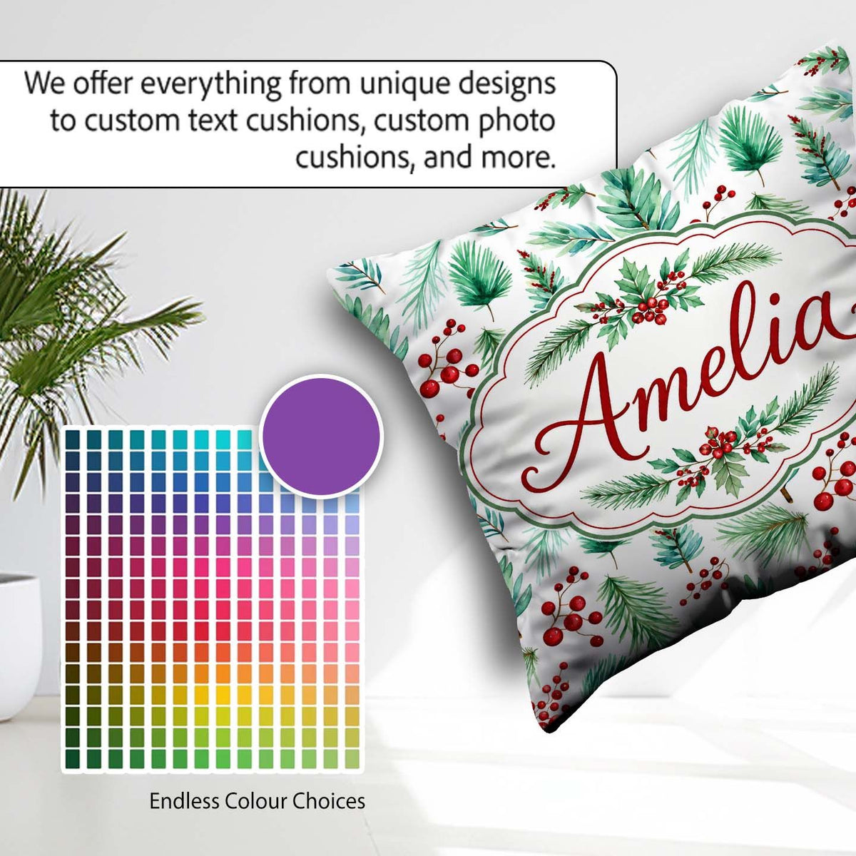 Custom Name Pine Branches Red Berries Christmas Foliage Seamless Square Filled Cushion Throw Pillow Sofa Bed Home Decor Zip Washable UK Made