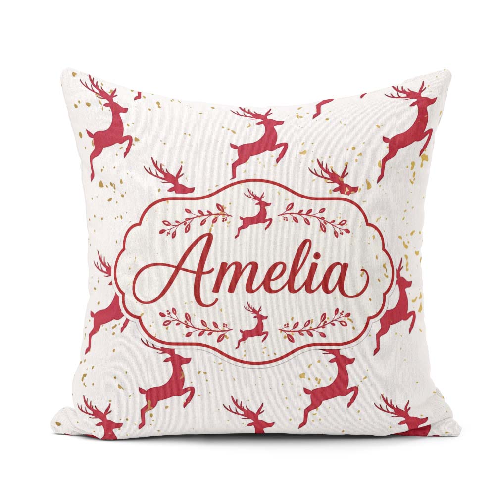 Custom Name Elegant Red Reindeer Gold Festive Christmas Seamless Square Filled Cushion Throw Pillow Sofa Bed Home Decor Zip Washable UK Made