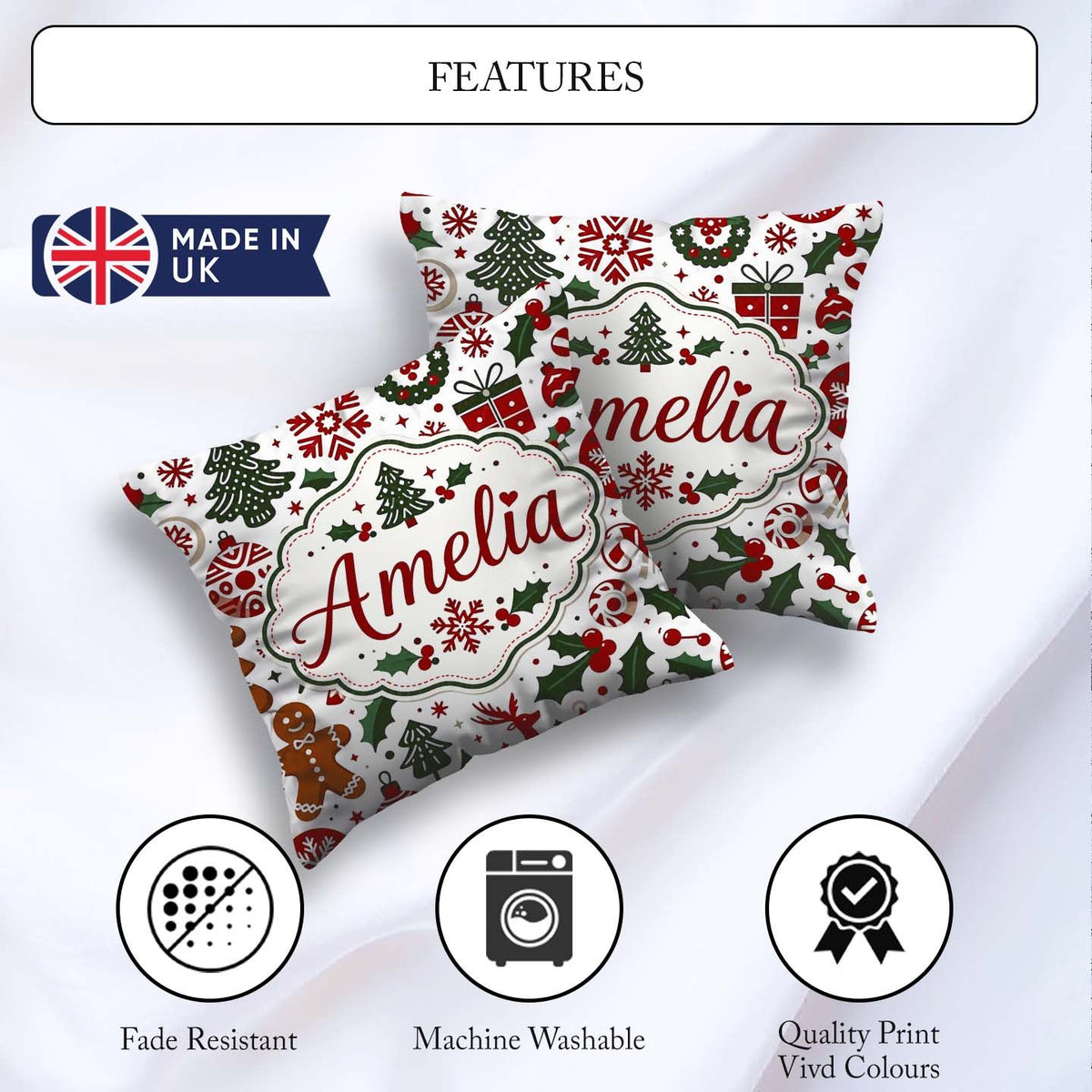 Custom Name Cute Christmas Tree Baubles Festive Seamless Pattern Square Filled Cushion Throw Pillow Sofa Bed Home Decor Zip Washable UK Made
