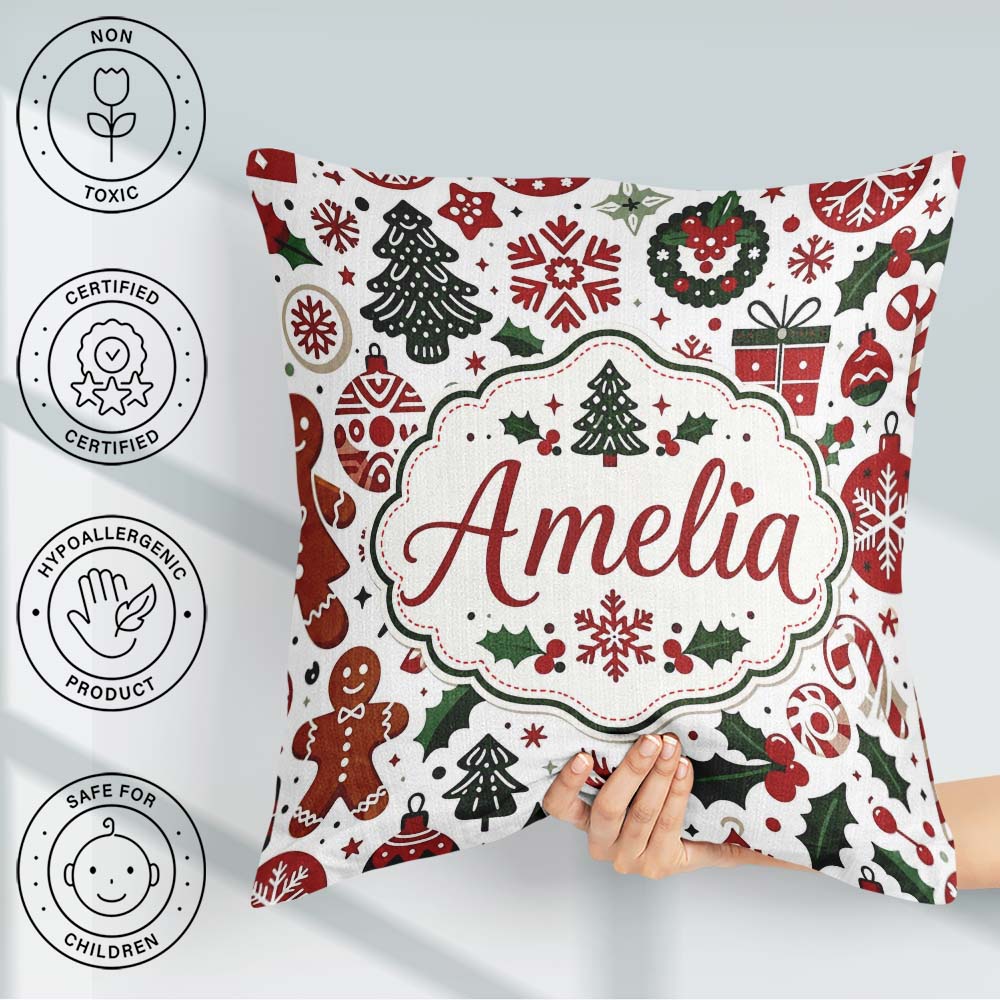 Custom Name Cute Christmas Tree Baubles Festive Seamless Pattern Square Filled Cushion Throw Pillow Sofa Bed Home Decor Zip Washable UK Made