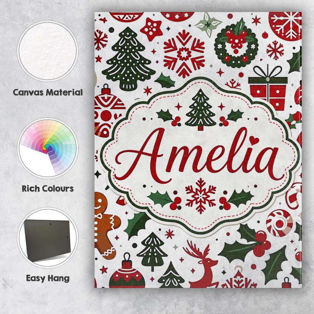 Personalised Name Cute Christmas Tree Custom Modern Room Accent Creative Decorator Style Canvas Wall Art Print Decor Picture Ready to Hang
