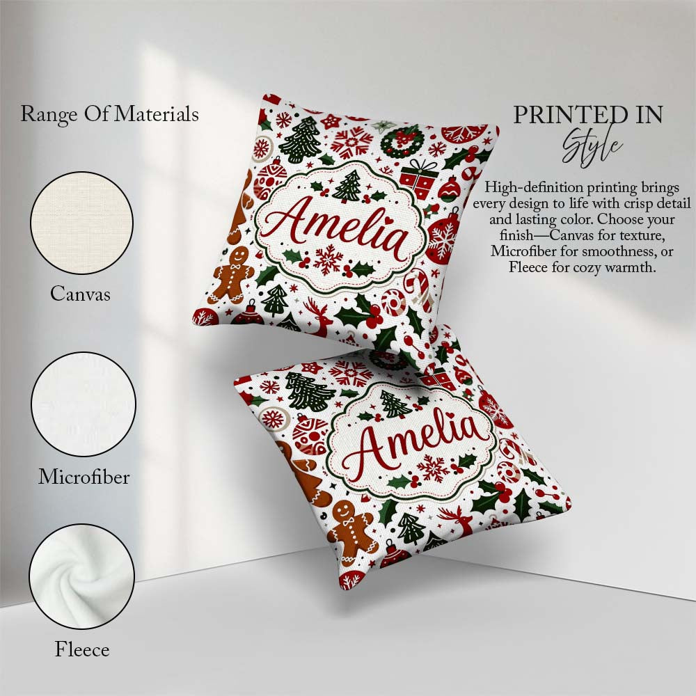 Custom Name Cute Christmas Tree Baubles Festive Seamless Pattern Square Filled Cushion Throw Pillow Sofa Bed Home Decor Zip Washable UK Made