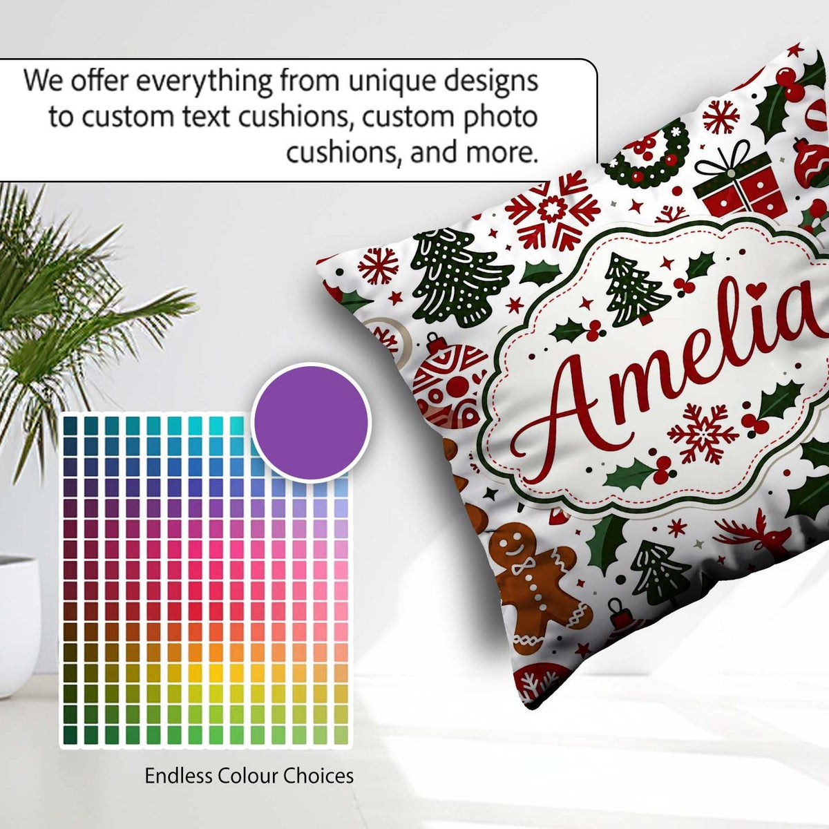 Custom Name Cute Christmas Tree Baubles Festive Seamless Pattern Square Filled Cushion Throw Pillow Sofa Bed Home Decor Zip Washable UK Made