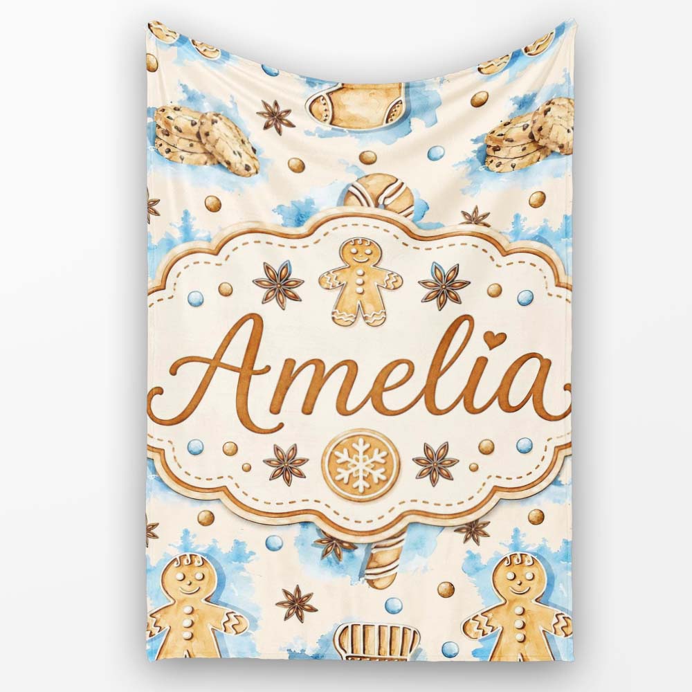 Watercolor Gingerbread Man Cookies Candy Cane Sweet Seamless Pattern Personalised Custom Name Super Soft Fleece Blanket Bed Sofa Throw
