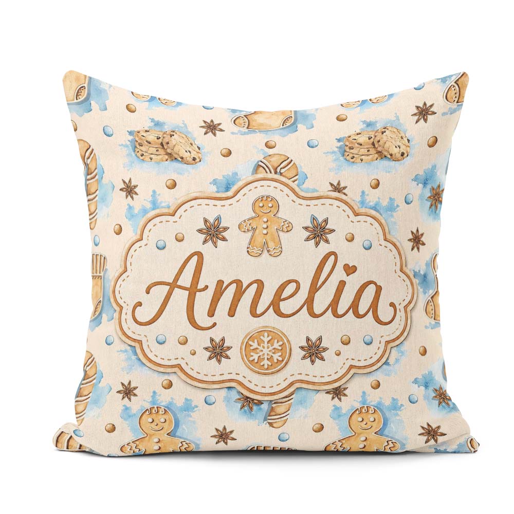 Custom Name Watercolor Gingerbread Man Candy Cane Sweet Seamless Square Filled Cushion Throw Pillow Sofa Bed Home Decor Zip Washable UK Made