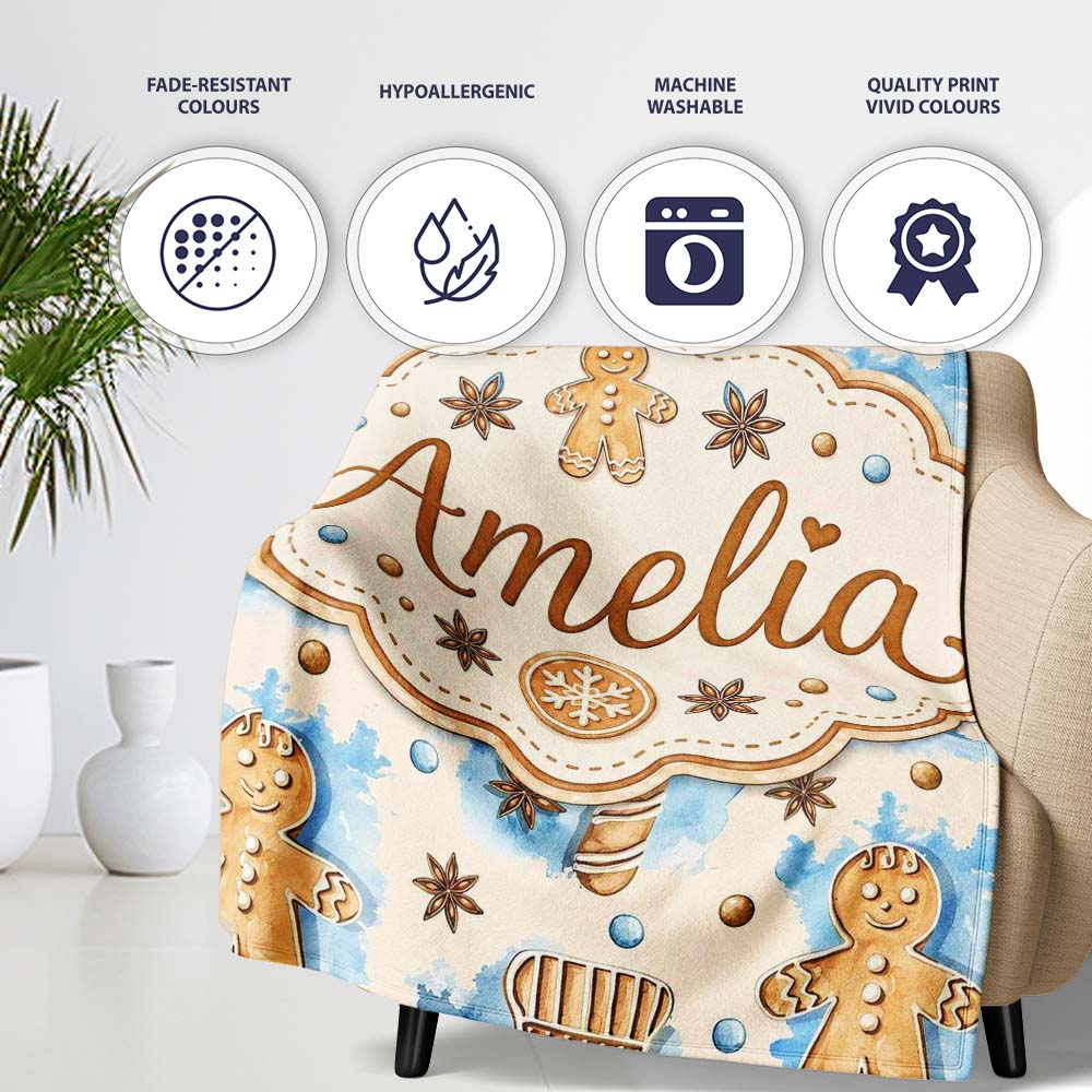 Watercolor Gingerbread Man Cookies Candy Cane Sweet Seamless Pattern Personalised Custom Name Super Soft Fleece Blanket Bed Sofa Throw