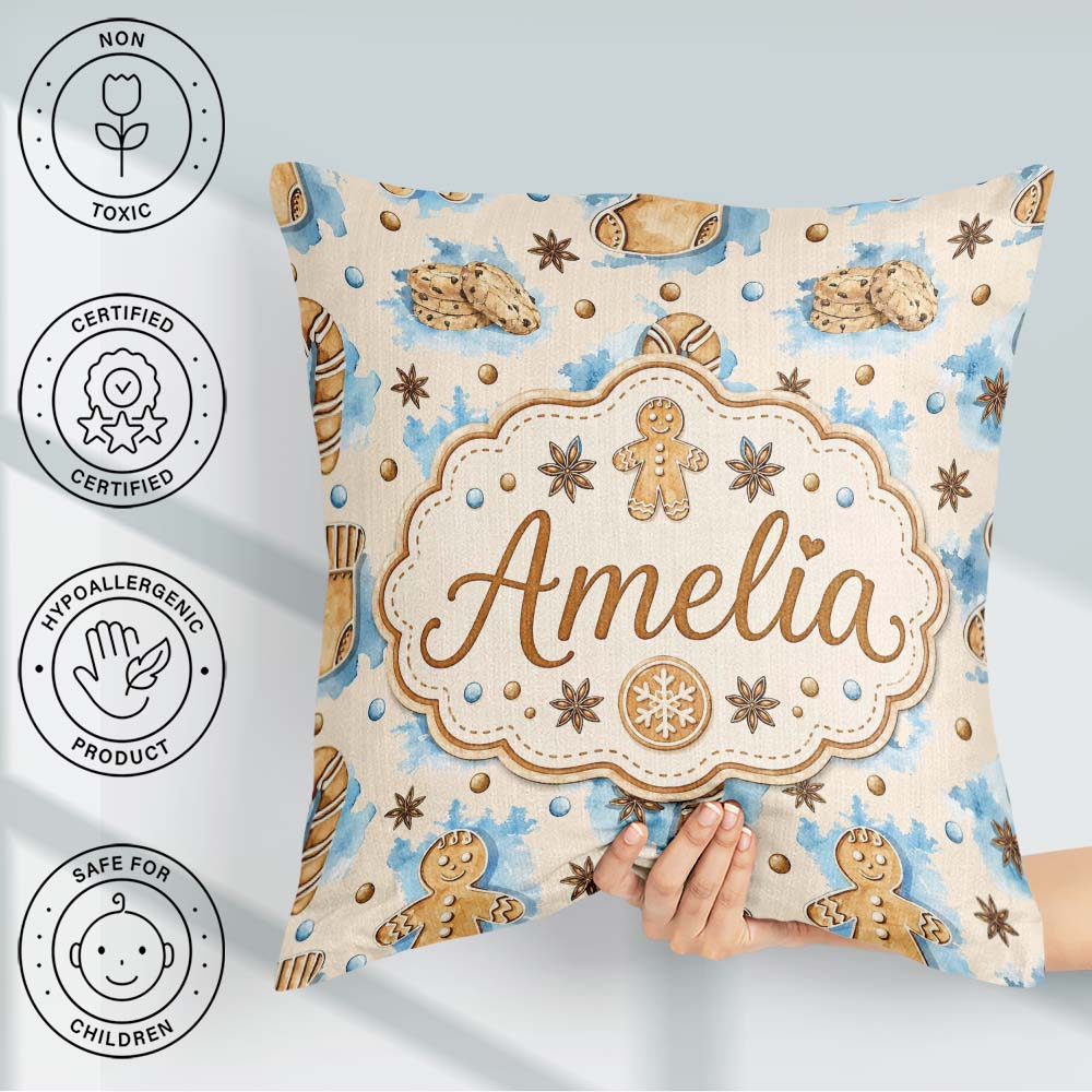 Custom Name Watercolor Gingerbread Man Candy Cane Sweet Seamless Square Filled Cushion Throw Pillow Sofa Bed Home Decor Zip Washable UK Made