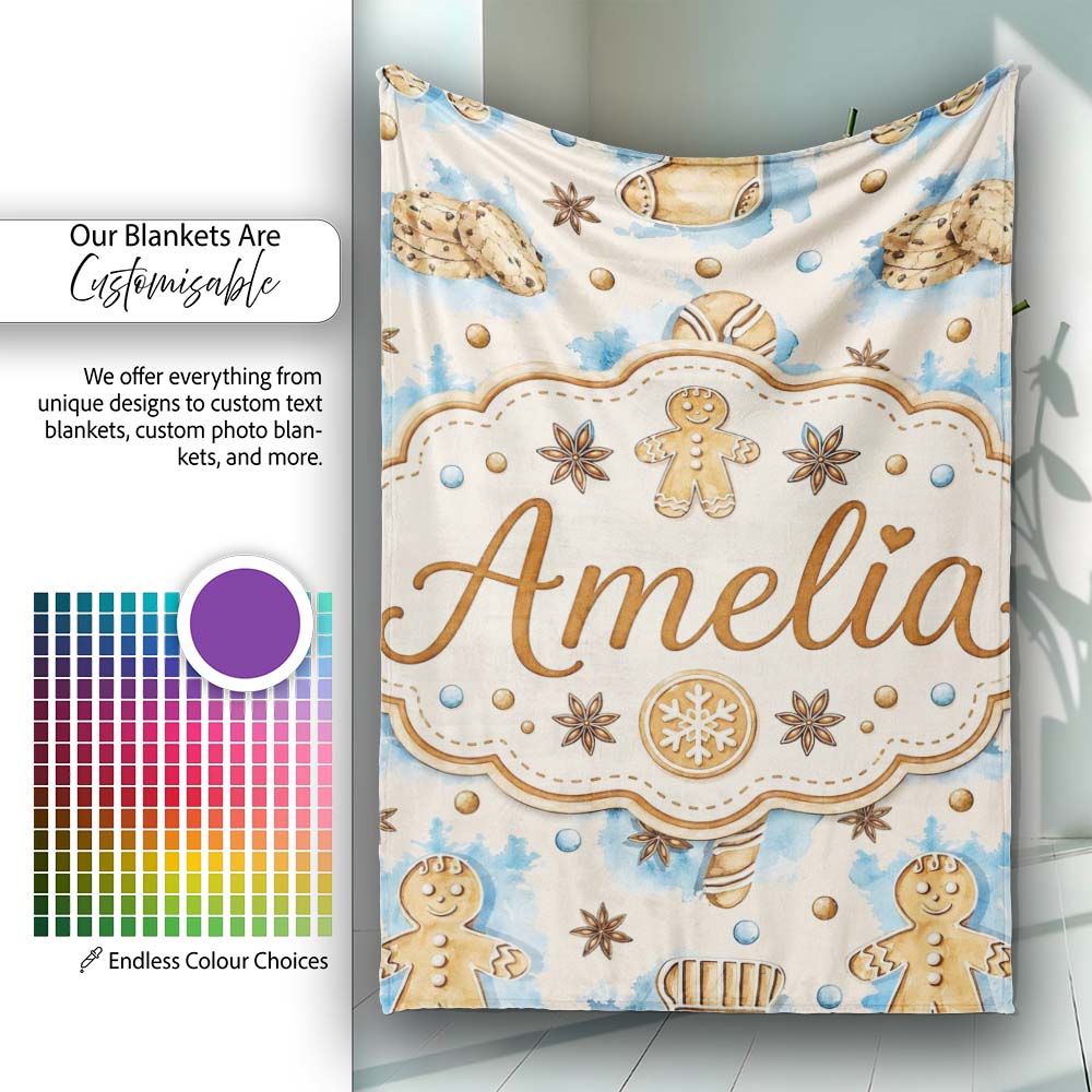Watercolor Gingerbread Man Cookies Candy Cane Sweet Seamless Pattern Personalised Custom Name Super Soft Fleece Blanket Bed Sofa Throw