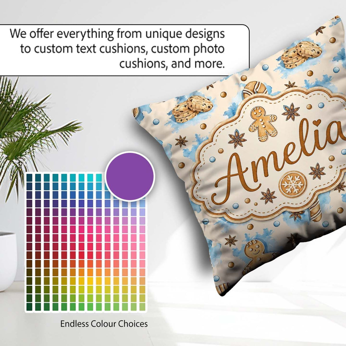 Custom Name Watercolor Gingerbread Man Candy Cane Sweet Seamless Square Filled Cushion Throw Pillow Sofa Bed Home Decor Zip Washable UK Made