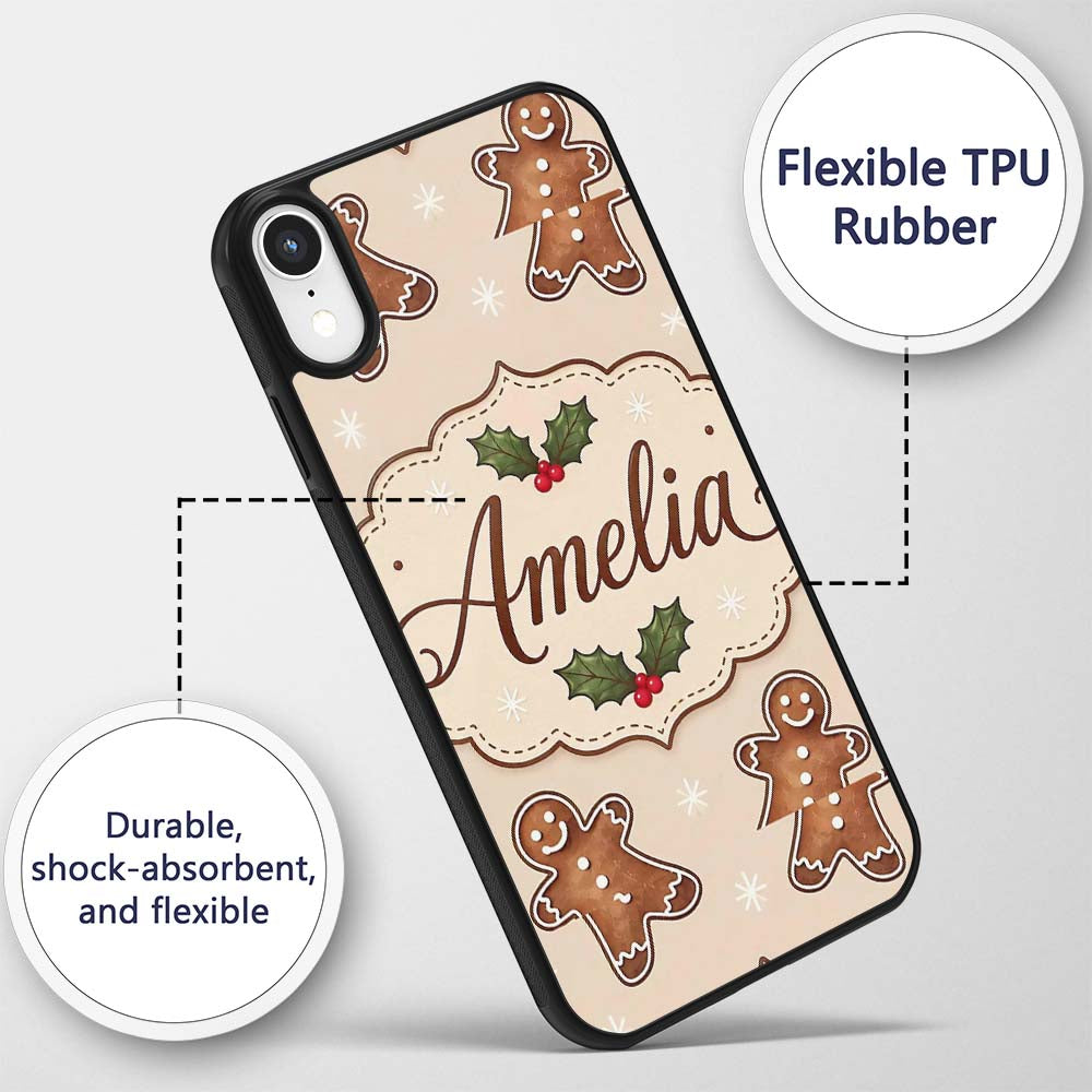 Gingerbread Cookies Holly Leaves Printed Design Custom Name Protective Phone Case Mobile Cover Durable Everyday Smartphone Shock Resistant