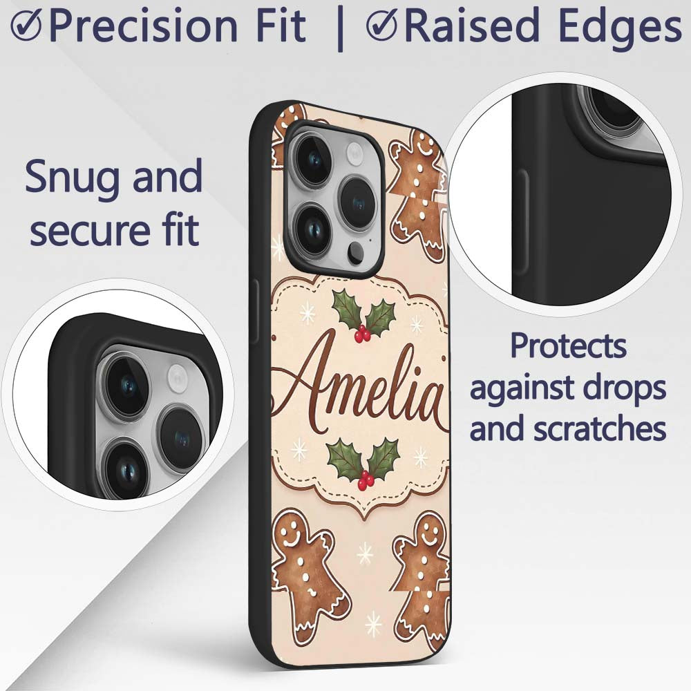 Gingerbread Cookies Holly Leaves Printed Design Custom Name Protective Phone Case Mobile Cover Durable Everyday Smartphone Shock Resistant