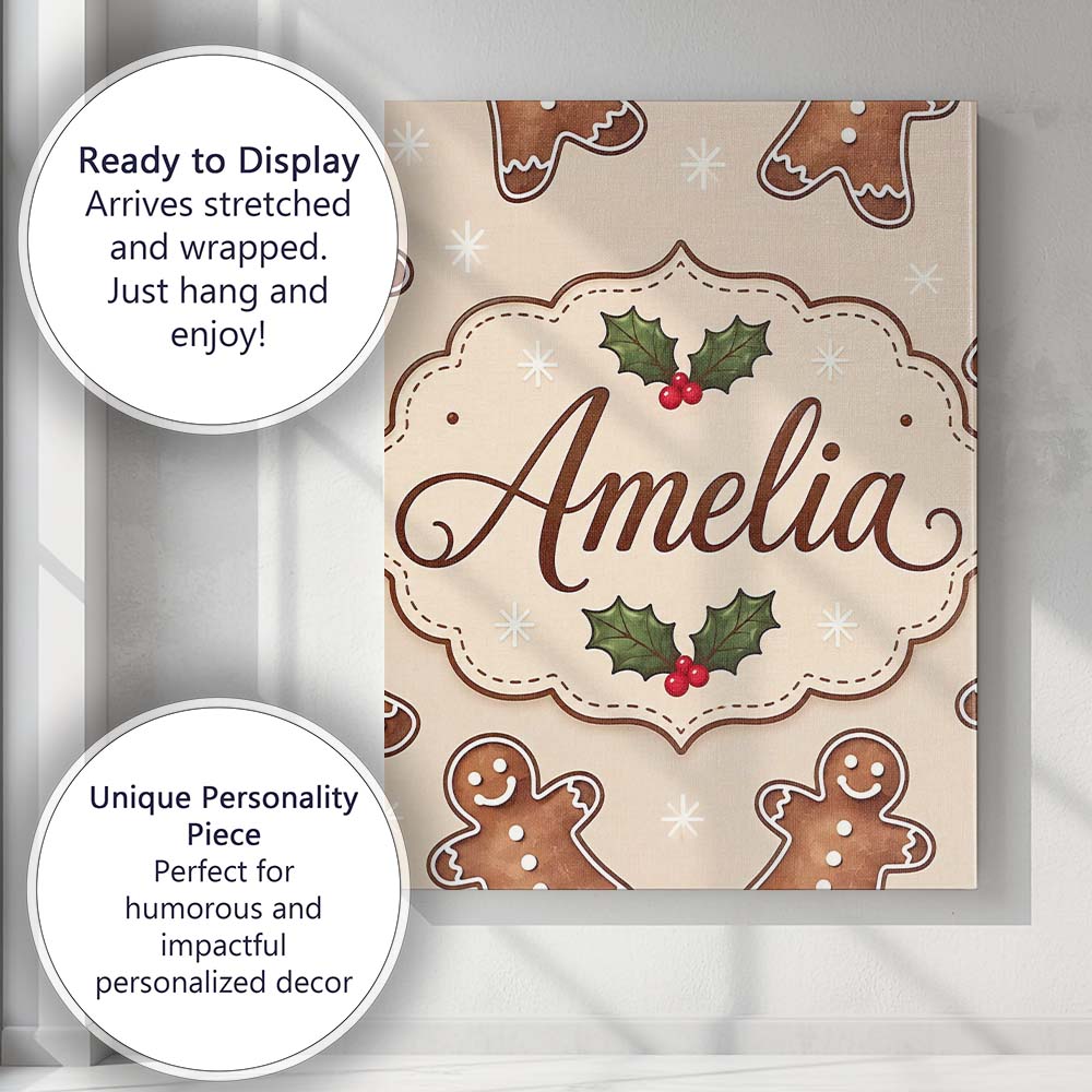 Personalised Name Gingerbread Cookies Holly Custom Bespoke Interior Contemporary Canvas Wall Art Print Decor Picture Ready to Hang