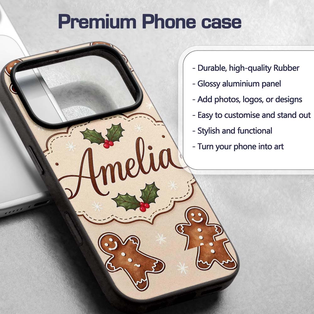 Gingerbread Cookies Holly Leaves Printed Design Custom Name Protective Phone Case Mobile Cover Durable Everyday Smartphone Shock Resistant
