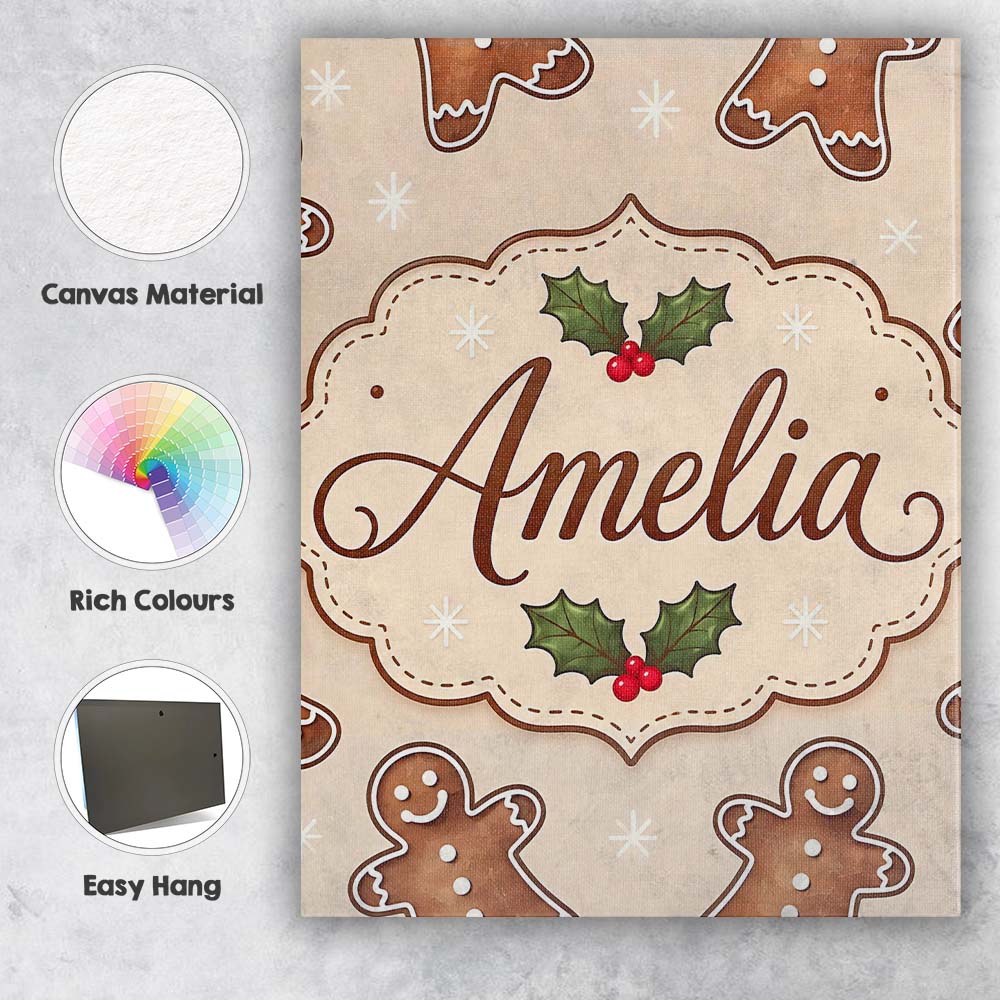 Personalised Name Gingerbread Cookies Holly Custom Bespoke Interior Contemporary Canvas Wall Art Print Decor Picture Ready to Hang