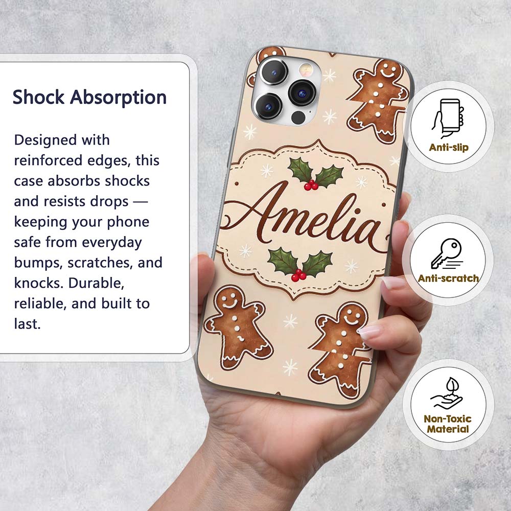 Gingerbread Cookies Holly Leaves Printed Design Custom Name Protective Phone Case Mobile Cover Durable Everyday Smartphone Shock Resistant