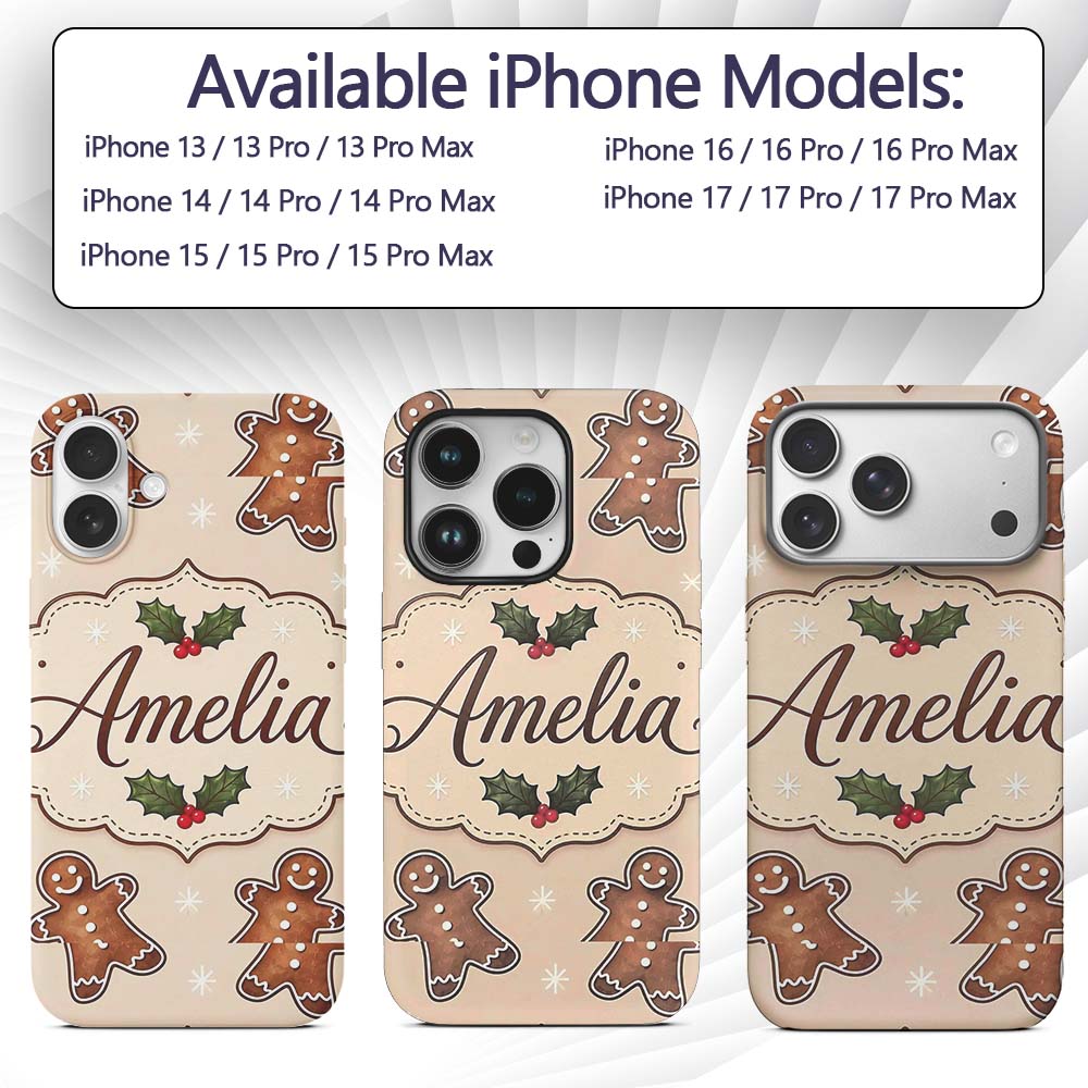 Gingerbread Cookies Holly Leaves Printed Design Custom Name Protective Phone Case Mobile Cover Durable Everyday Smartphone Shock Resistant