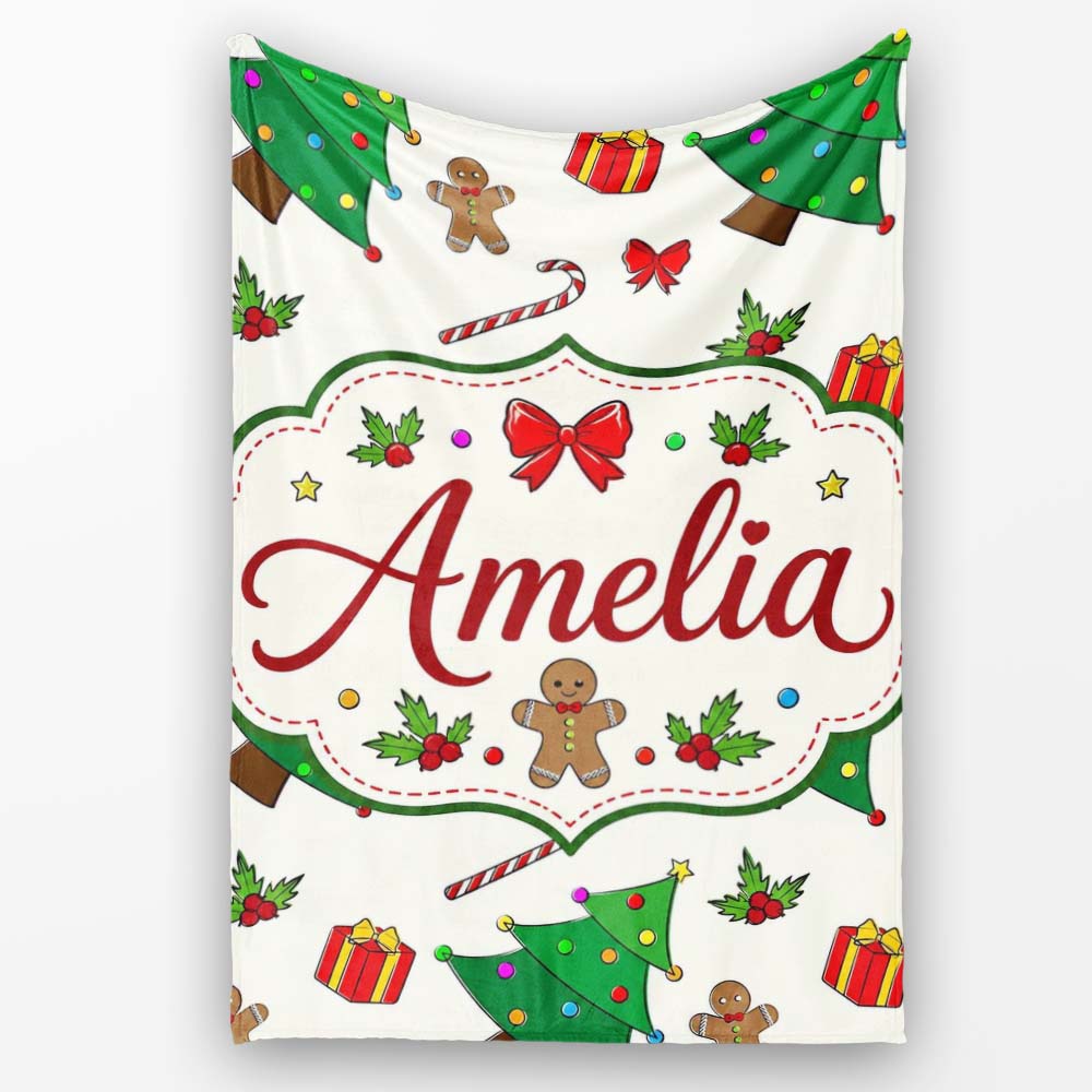 Cute Christmas Tree Gifts Candy Cane Gingerbread Seamless Pattern Personalised Custom Name Super Soft Fleece Blanket Bed Sofa Throw