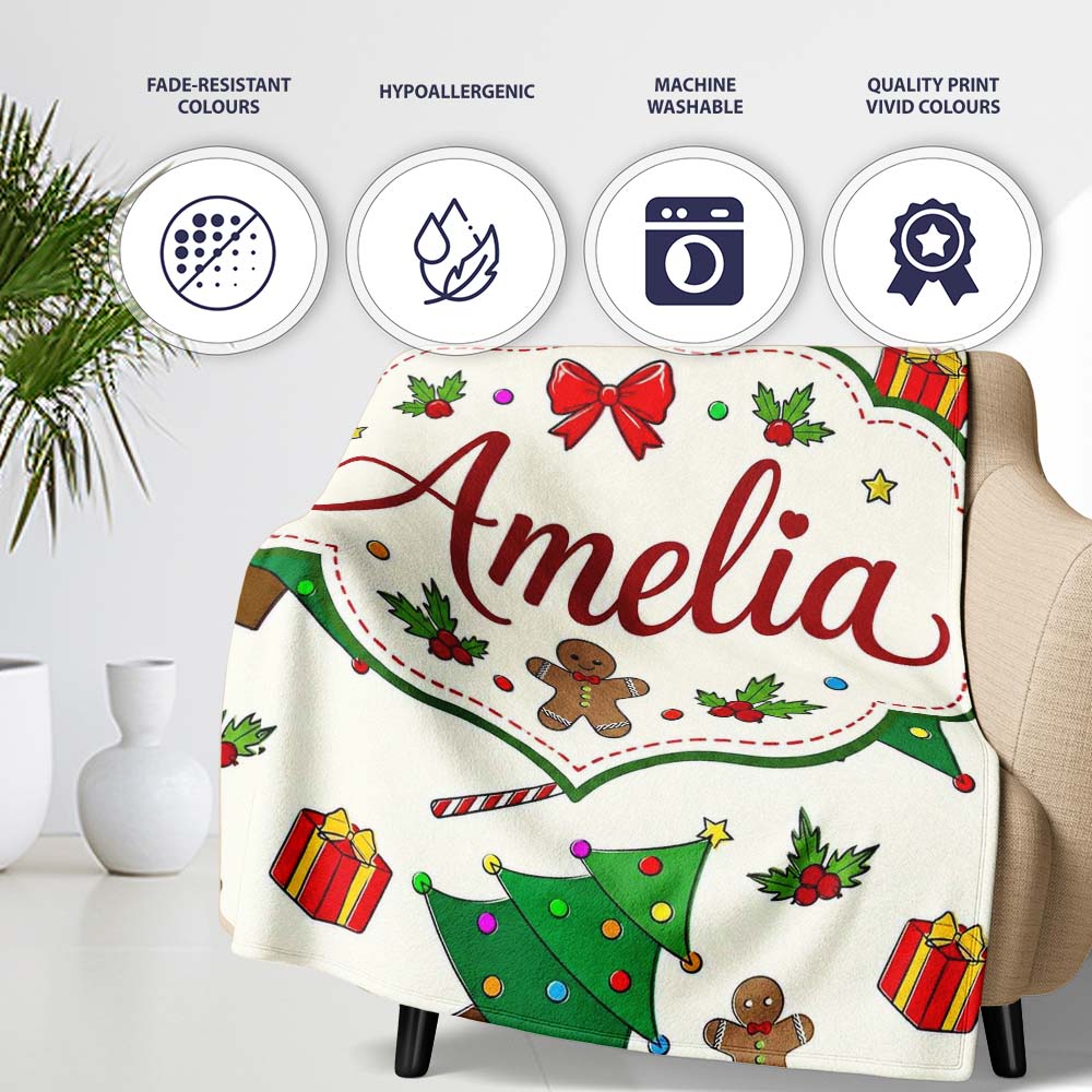 Cute Christmas Tree Gifts Candy Cane Gingerbread Seamless Pattern Personalised Custom Name Super Soft Fleece Blanket Bed Sofa Throw