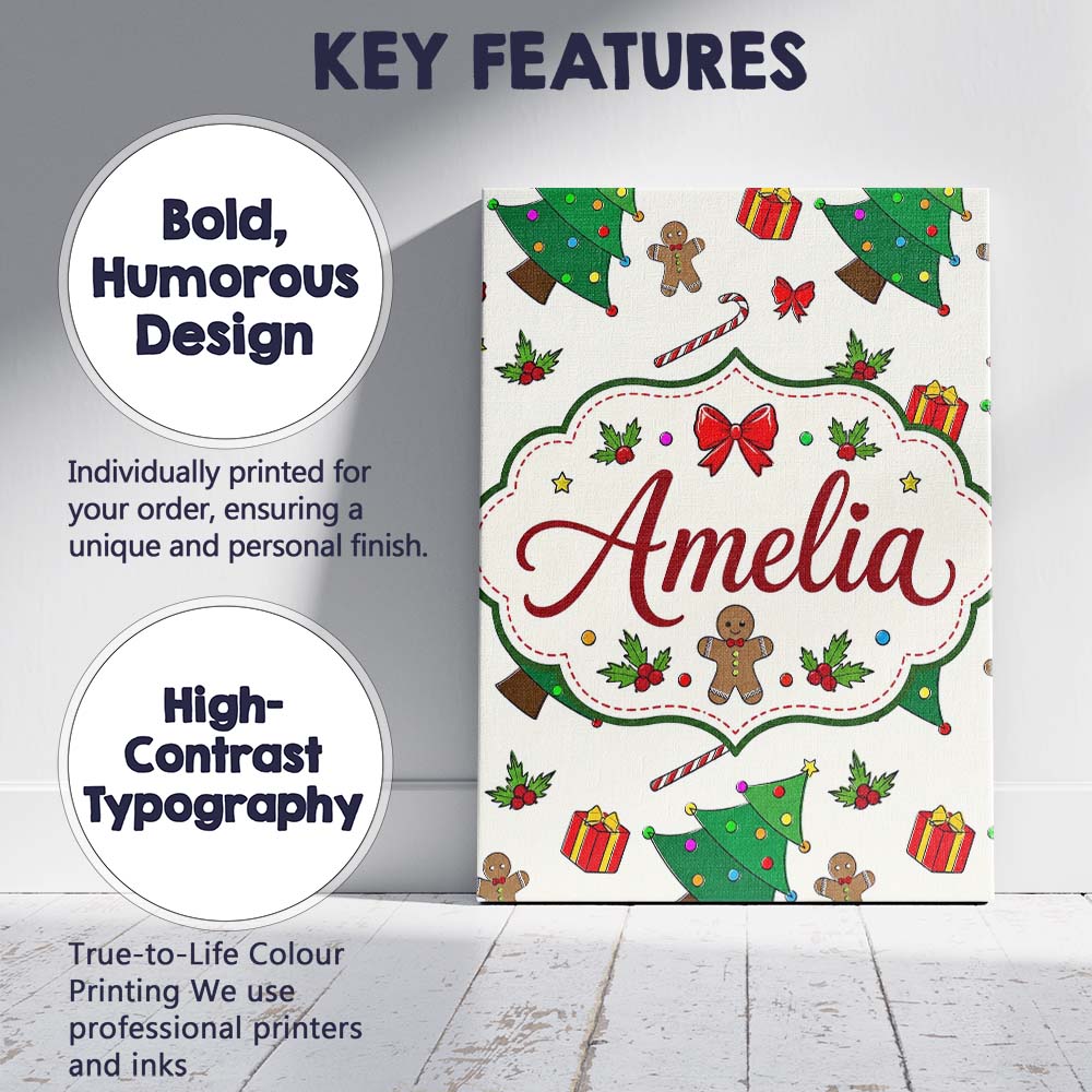 Personalised Name Cute Christmas Tree Gifts Custom Bespoke Interior Contemporary Canvas Wall Art Print Decor Picture Ready to Hang