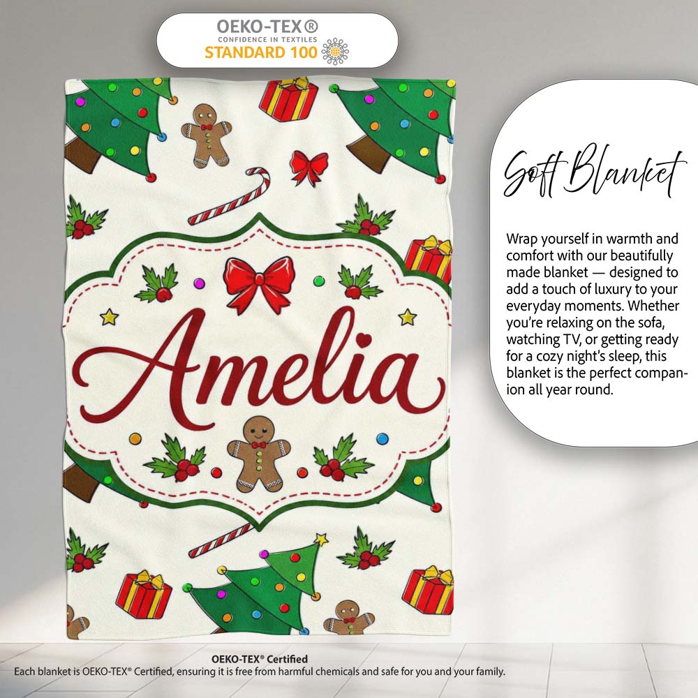 Cute Christmas Tree Gifts Candy Cane Gingerbread Seamless Pattern Personalised Custom Name Super Soft Fleece Blanket Bed Sofa Throw
