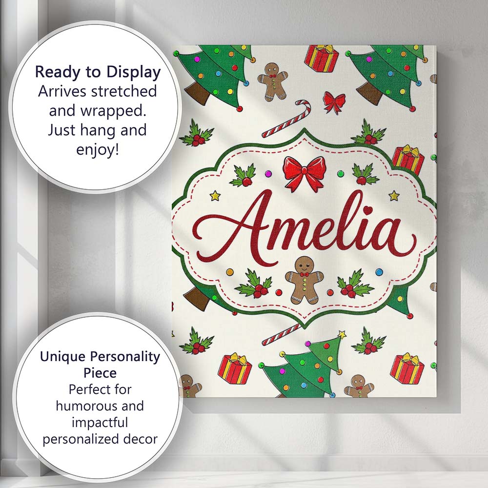 Personalised Name Cute Christmas Tree Gifts Custom Bespoke Interior Contemporary Canvas Wall Art Print Decor Picture Ready to Hang