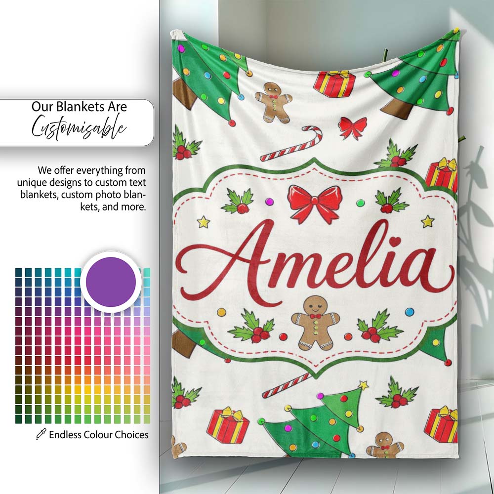 Cute Christmas Tree Gifts Candy Cane Gingerbread Seamless Pattern Personalised Custom Name Super Soft Fleece Blanket Bed Sofa Throw