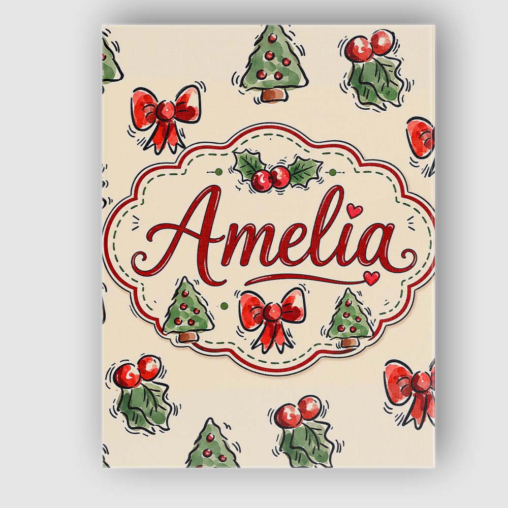 Personalised Name Cute Christmas Bows Holly Custom Bespoke Interior Contemporary Canvas Wall Art Print Decor Picture Ready to Hang
