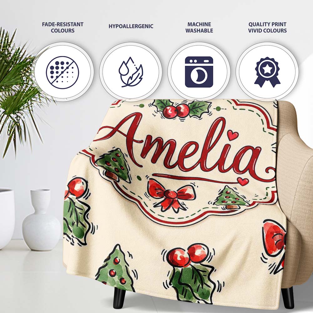 Cute Christmas Bows Holly Berries Tree Doodle Seamless Pattern Personalised Custom Name Super Soft Fleece Blanket Bed Sofa Throw