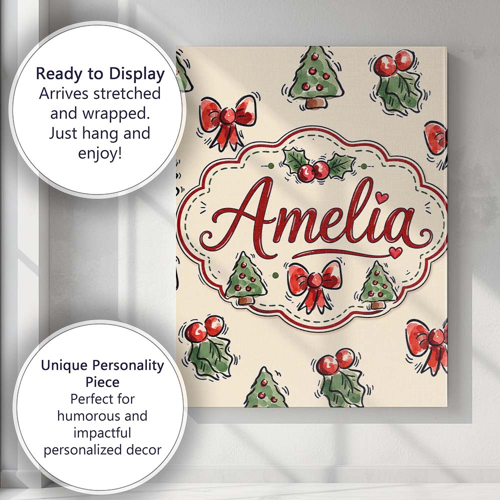 Personalised Name Cute Christmas Bows Holly Custom Bespoke Interior Contemporary Canvas Wall Art Print Decor Picture Ready to Hang
