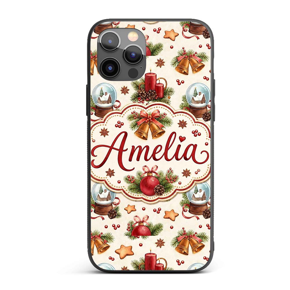 Vintage Christmas Bells Candle Snow Globe Festive Custom Name Protective Phone Case Mobile Cover Durable Everyday Smartphone Shock Resistant