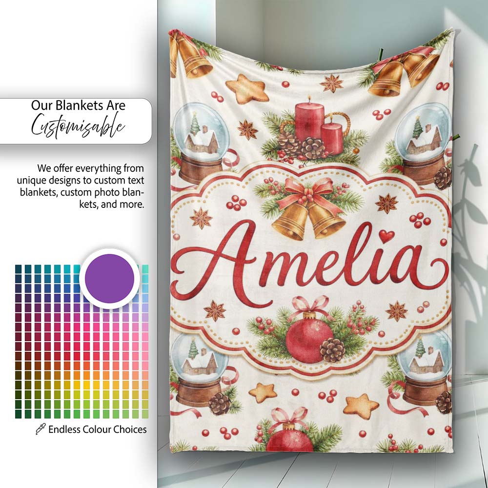 Vintage Christmas Bells Candle Snow Globe Festive Seamless Pattern Personalised Custom Name Super Soft Fleece Blanket Bed Sofa Throw
