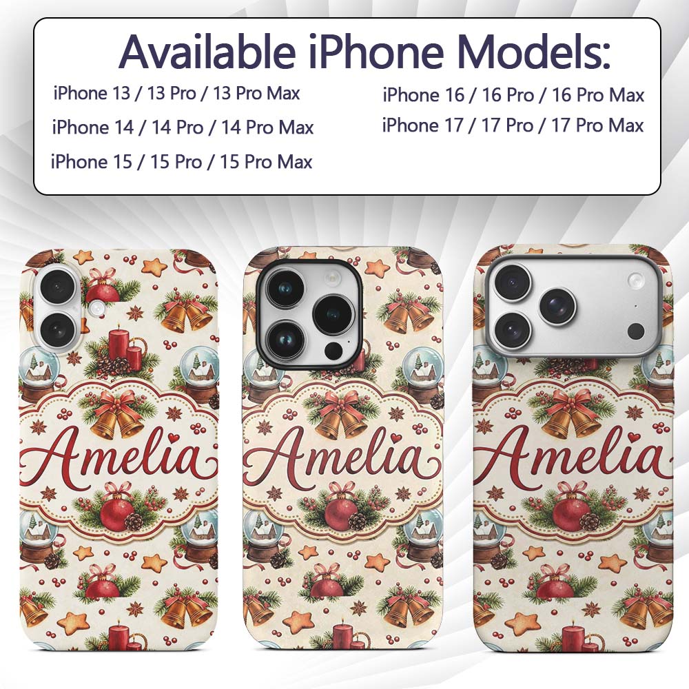 Vintage Christmas Bells Candle Snow Globe Festive Custom Name Protective Phone Case Mobile Cover Durable Everyday Smartphone Shock Resistant