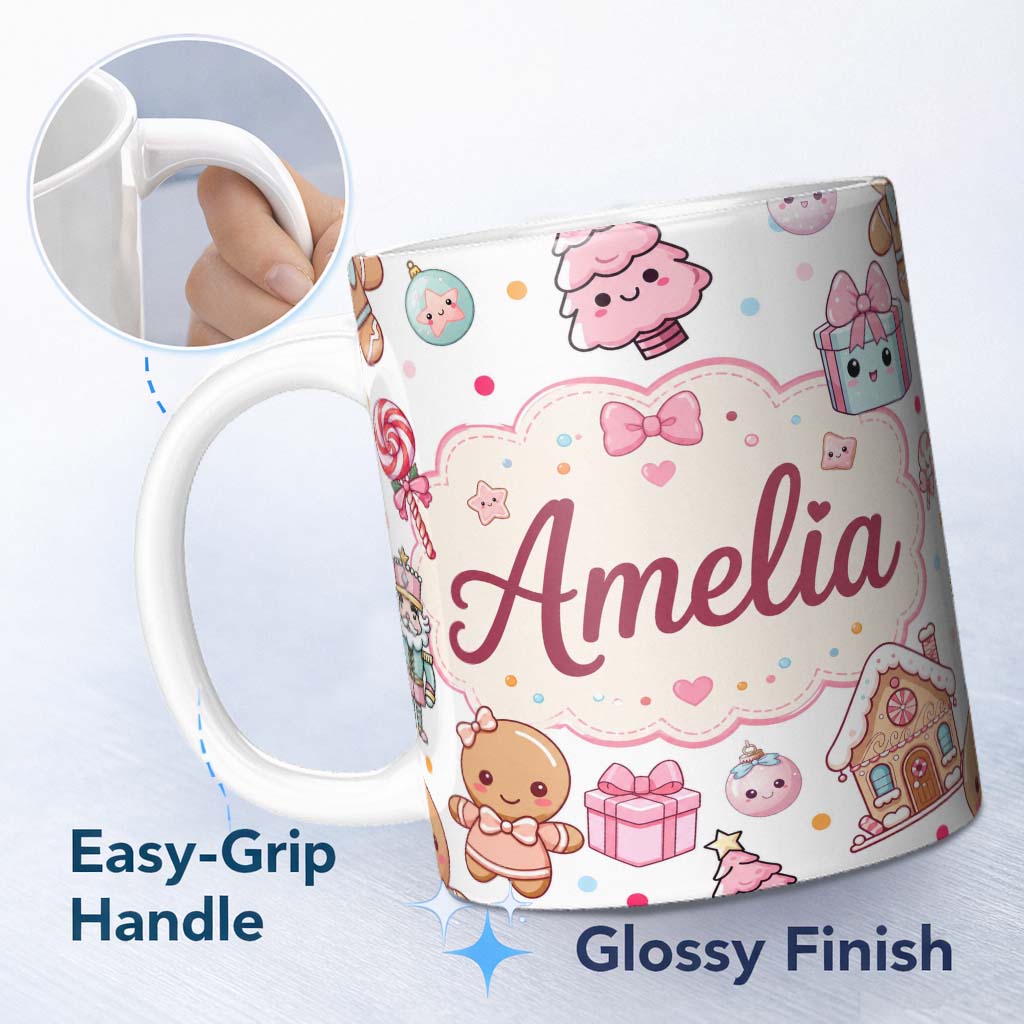 Personalized Custom Name Cute Christmas Gingerbread Candy Gift House Seamless Pattern Grey 11oz Ceramic Coffee Tea Mug White Large Handle