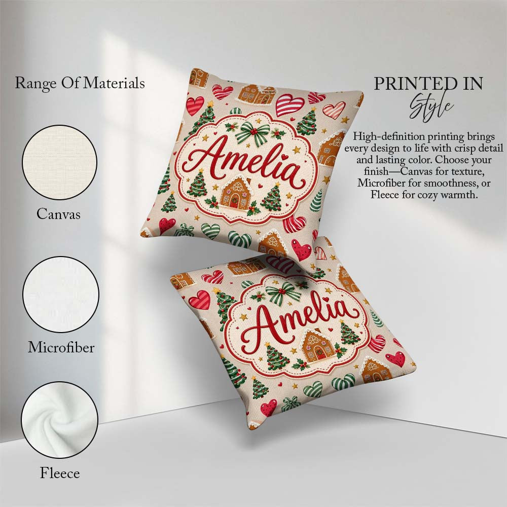 Custom Name Cute Christmas Houses Hearts Trees Seamless Pattern Square Filled Cushion Throw Pillow Sofa Bed Home Decor Zip Washable UK Made