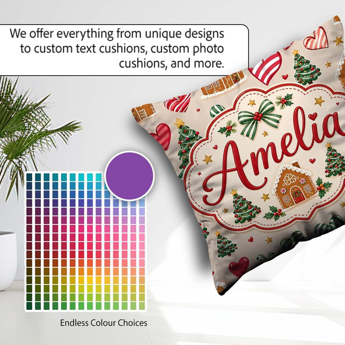 Custom Name Cute Christmas Houses Hearts Trees Seamless Pattern Square Filled Cushion Throw Pillow Sofa Bed Home Decor Zip Washable UK Made