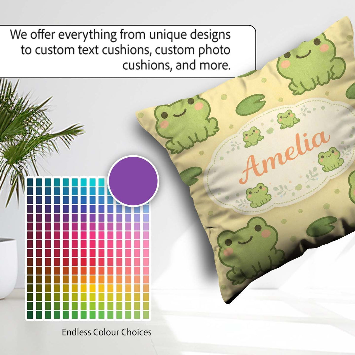 Custom Name Cute Frog Lily Pad Cartoon Animal Pattern Gift Idea Square Filled Cushion Throw Pillow Sofa Bed Home Decor Zip Washable UK Made