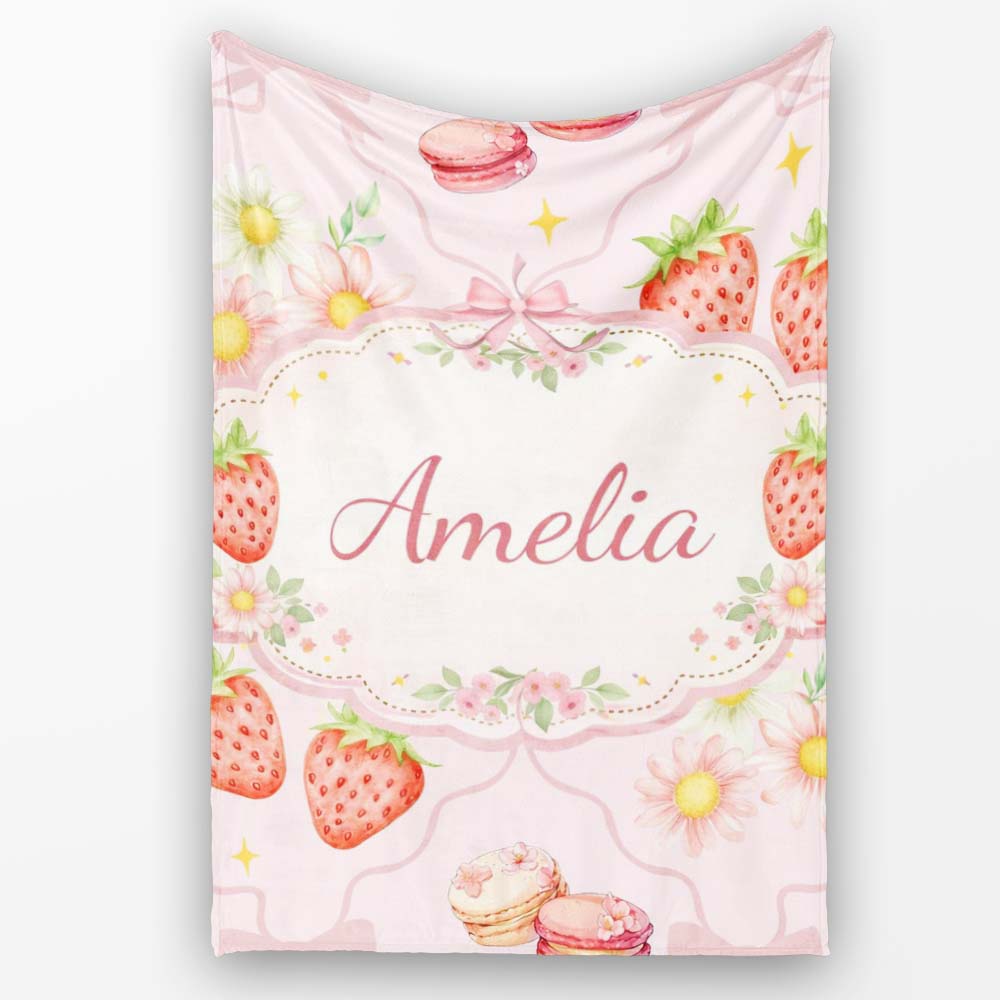 Strawberry Cherry Bow Daisy Cherry Pink Cute Coquette Floral Design Personalised Custom Name Super Soft Fleece Blanket Bed Sofa Throw