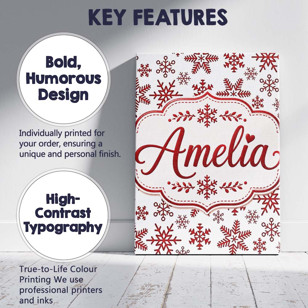 Personalised Name Red Snowflake Winter Custom Modern Room Accent Elegant Feature Canvas Wall Art Print Decor Picture Ready to Hang