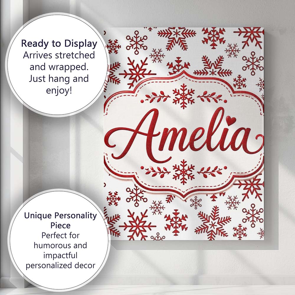 Personalised Name Red Snowflake Winter Custom Modern Room Accent Elegant Feature Canvas Wall Art Print Decor Picture Ready to Hang