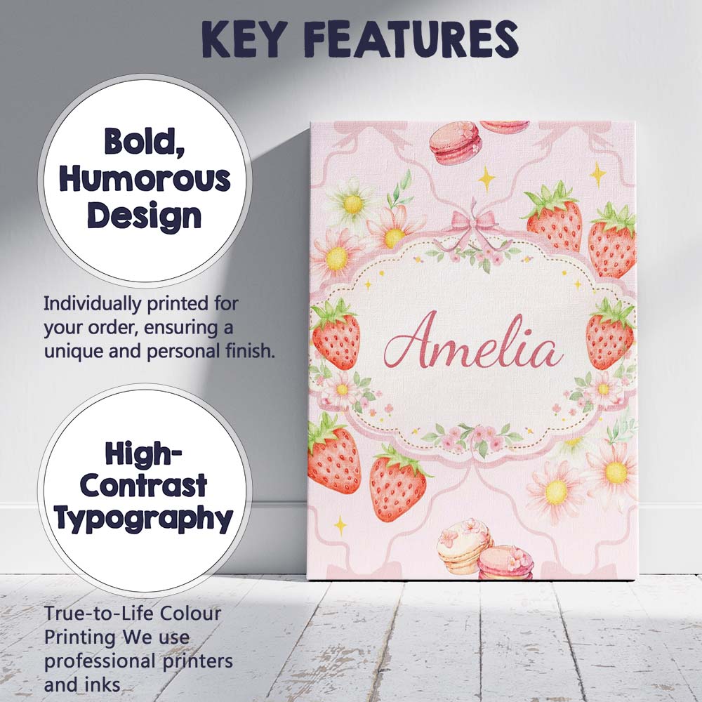 Personalised Name Strawberry Cherry Bow Daisy Pink Cute Custom Premium Decorative Design Canvas Wall Art Print Decor Picture Ready to Hang