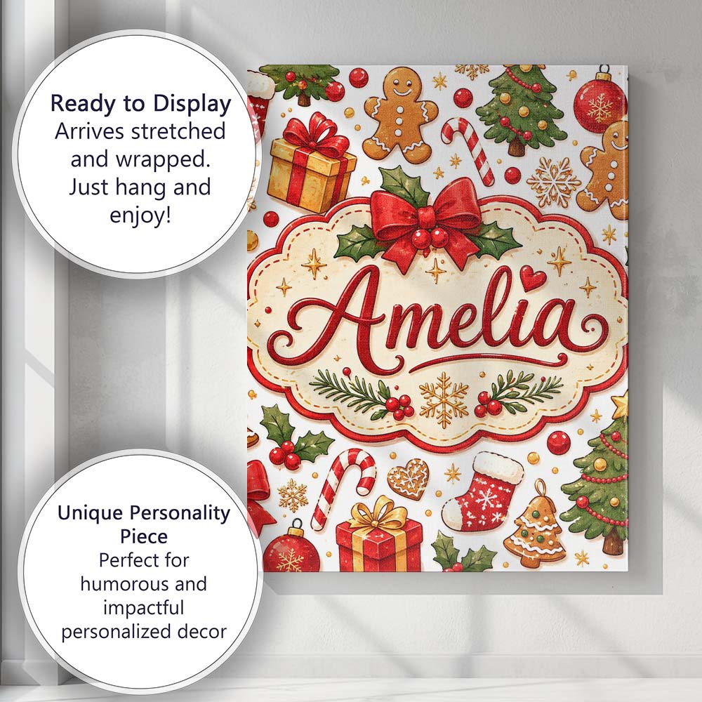 Personalised Name Cute Christmas Tree Gifts Custom Bespoke Interior Contemporary Canvas Wall Art Print Decor Picture Ready to Hang