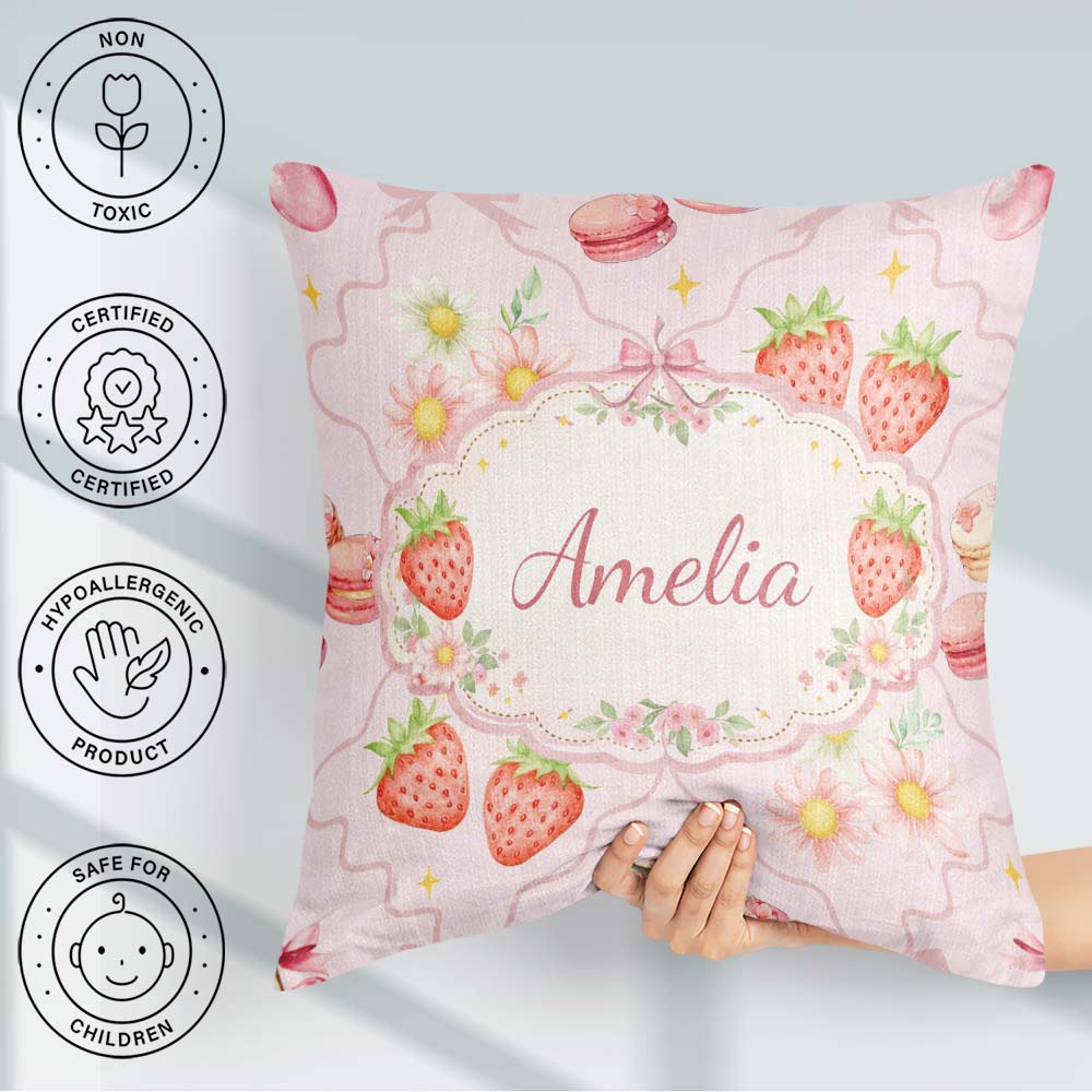 Custom Name Cherry Bow Daisy Cherry Pink Coquette Floral Design Square Filled Cushion Throw Pillow Sofa Bed Home Decor Zip Washable UK Made