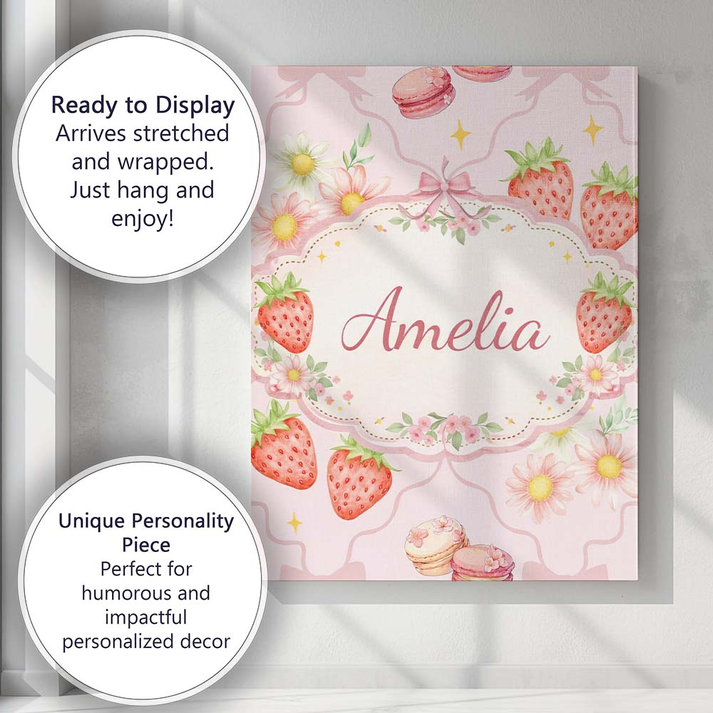 Personalised Name Strawberry Cherry Bow Daisy Pink Cute Custom Premium Decorative Design Canvas Wall Art Print Decor Picture Ready to Hang