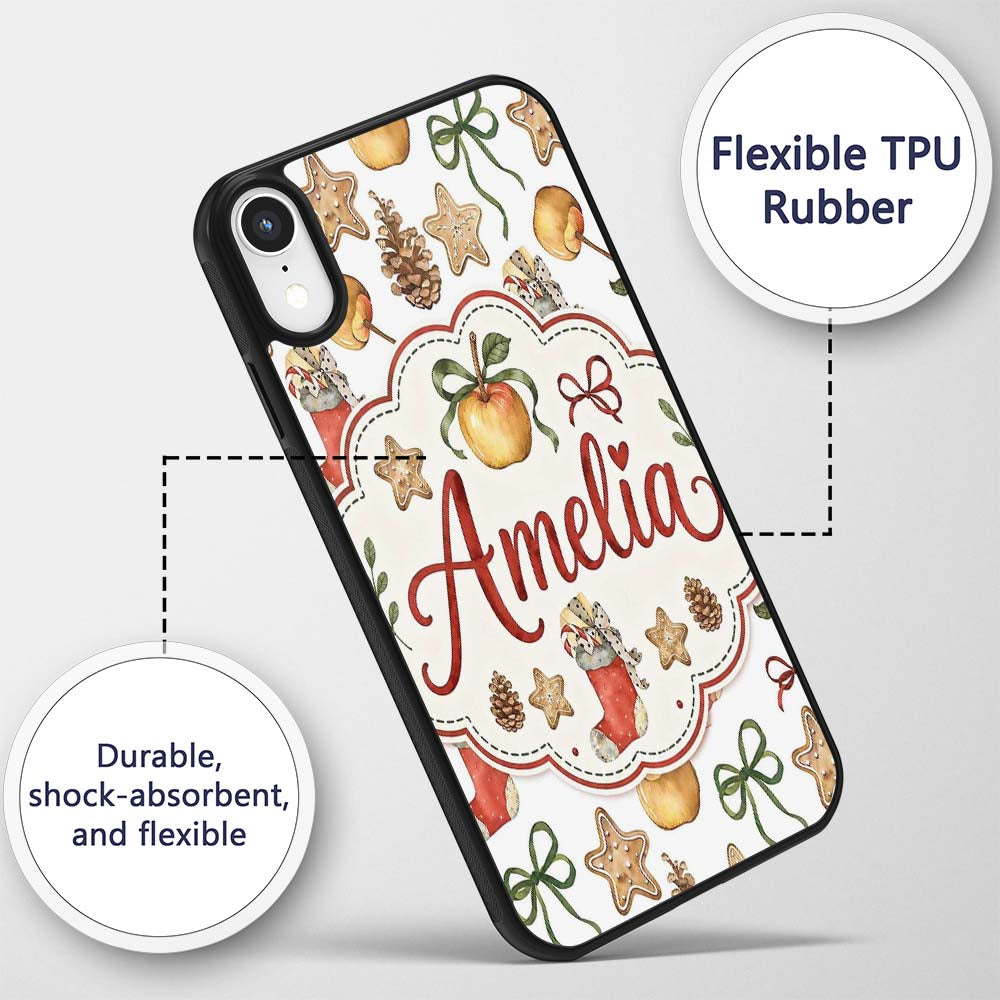 Cute Christmas Apples Pinecone Printed Design Custom Name Protective Phone Case Mobile Cover Durable Everyday Smartphone Shock Resistant