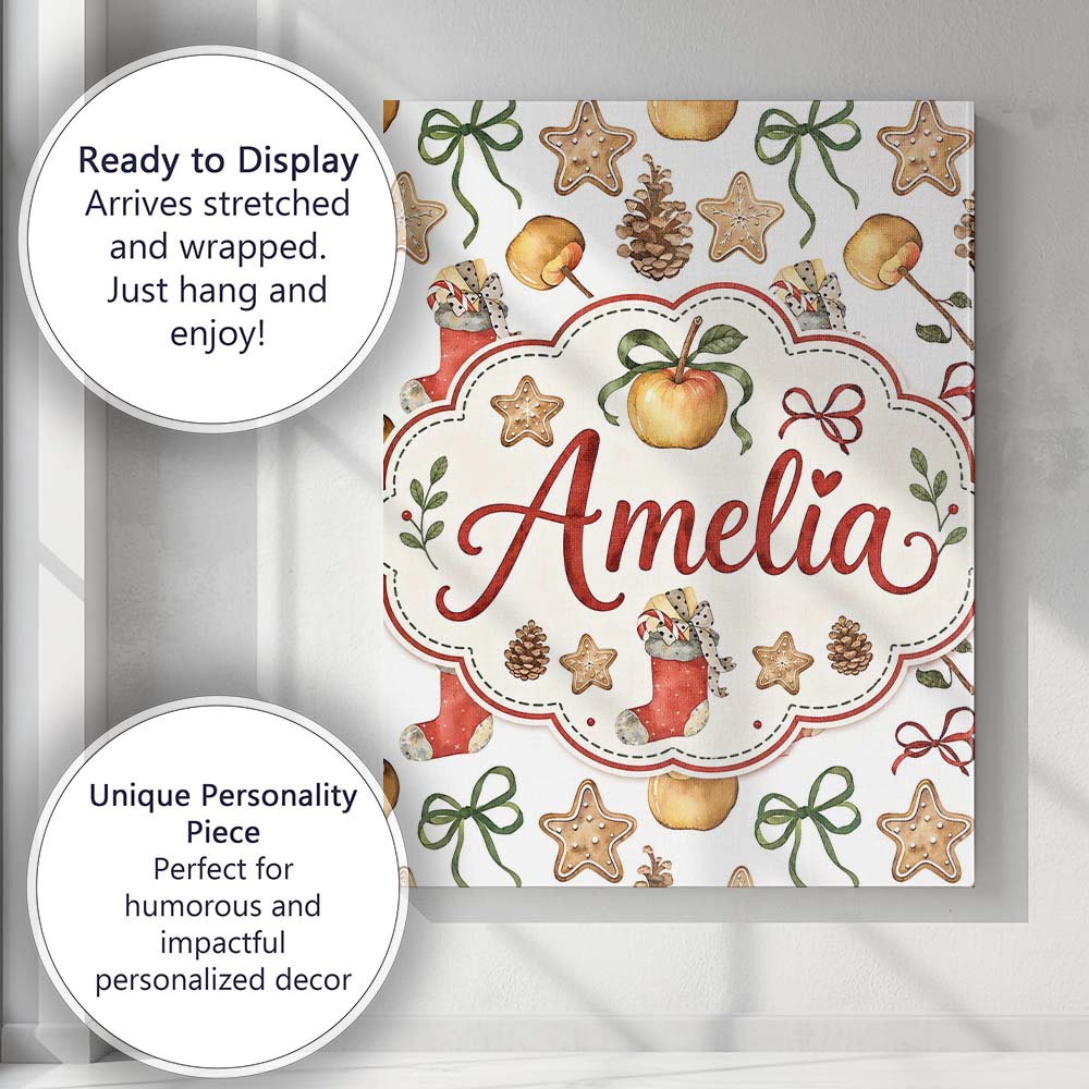 Personalised Name Cute Christmas Apples Custom Modern Room Accent Elegant Feature Canvas Wall Art Print Decor Picture Ready to Hang